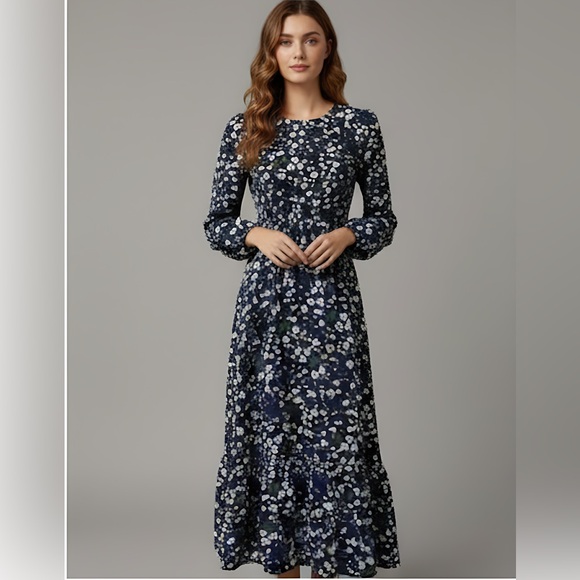 Boho Lantern Long Sleeve Floral Dress Blue - Picture 4 of 11